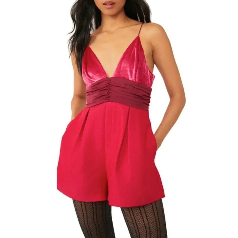 Free People Skylie Saylor Hot Pink Velvet Satin Ruched Romper Spaghetti Strap 4